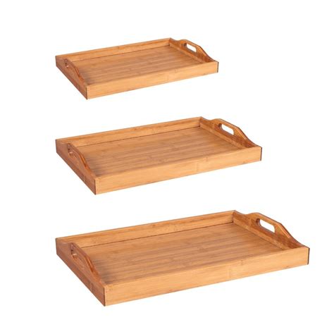 Set Of Bamboo Serving Trays With Handles Tea Tray Wooden Etsy