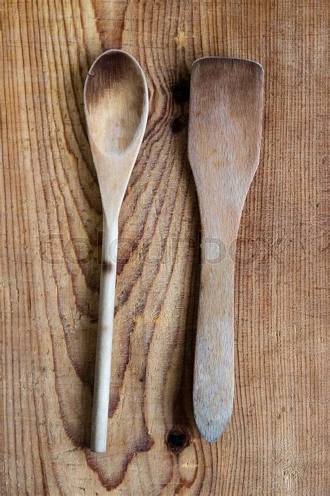 Old Wood Spoon And Spatula On Wooden Stock Image Colourbox
