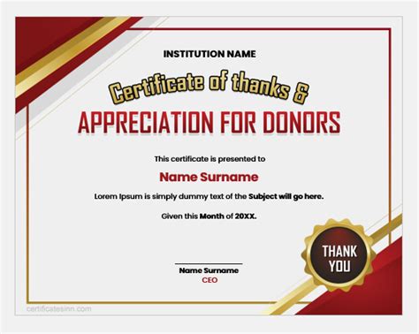 Certificate Of Thanks And Appreciation For Donors Editable Free