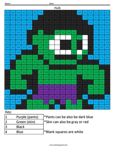 These pixel activity pages are great for students who finish their work early, or anytime your kiddos need a fun, quiet activity to fill their time. Hulk- Subtraction - Coloring Squared