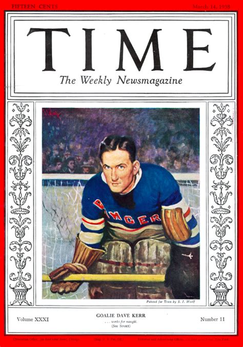 Antique Time Magazine Cover Dave Kerr New York Rangers 1938