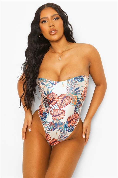 tropical high leg bandeau swimsuit boohoo