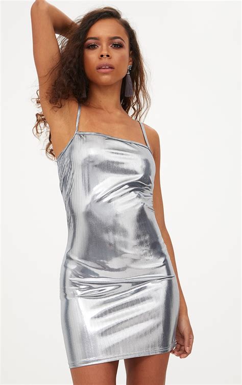 Petite Silver Square Neck Metallic Mini Dress Prettylittlething Uae