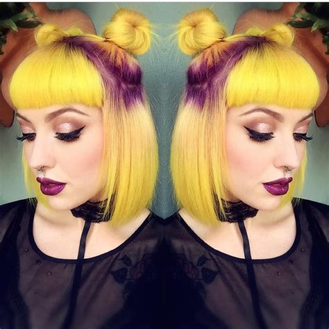 Adorable Space Buns And Neon Yellowpurple Hair Color