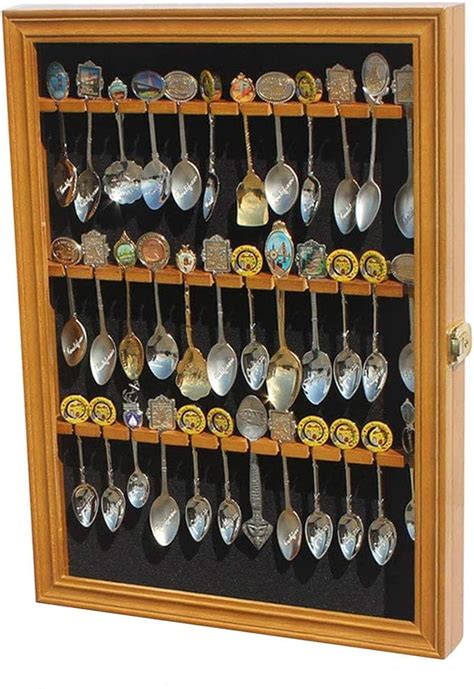 36 Souvenir Spoon Display Case Rack Cabinet Holder Shadow Box Real Glass Door Oak Finish Sp01
