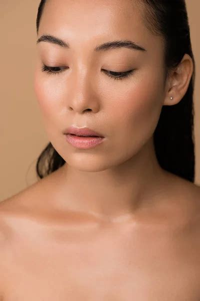 Beautiful Naked Asian Girl Touching Face Isolated Beige Stock Photo