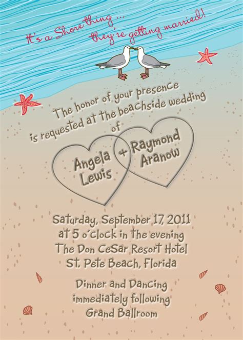 beach wedding invitation with hearts in sand seagulls and