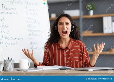 Angry And Tired Teacher Having Online Lesson Stock Image Image Of