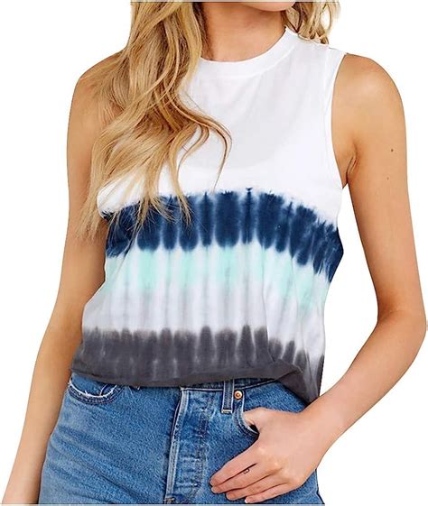Striped Tank Tops Womens Sexy Sleeveless O Neck Tie Dye Printing Tunic Tops Casual Soft Comfy