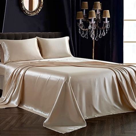 Amazon Com Siinvdabzx Pcs Satin Sheet Set Queen Size Ultra Silky Soft Beige Satin Queen Bed
