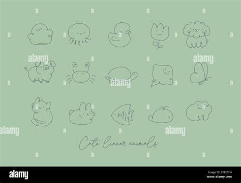 Cute Animals Drawing In Line Art Style On Green Background Stock Vector