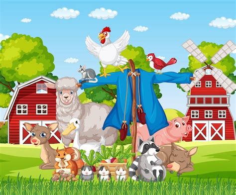 Free Vector Farm Scene With Many Farm Animals