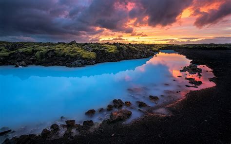 Nature Landscape Blue Iceland Sunset Clouds Yellow Water
