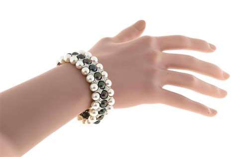 The exquisite shimmer of diamonds superbly represents the eternal nature of your relationship. Three Row Akoya Black White Pearl Diamond Gold Bracelet ...