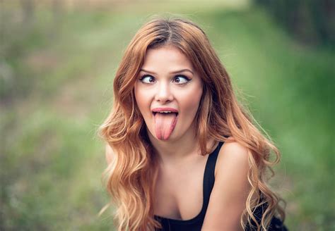 Face Tongues Women Model Eyes Tongue Out Brunette Women Outdoors Grimace Long Hair