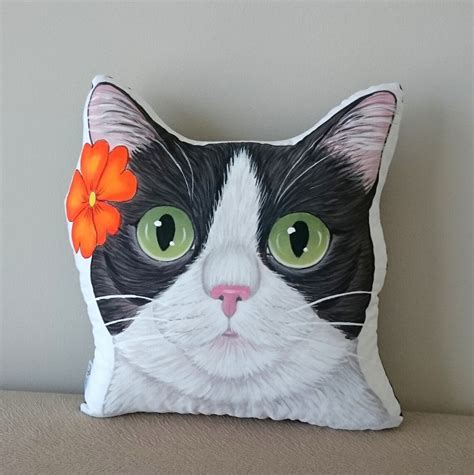 Tuxedo Cat Pillow Cat Head Cushion Floral Cat Pillow Hand Etsy