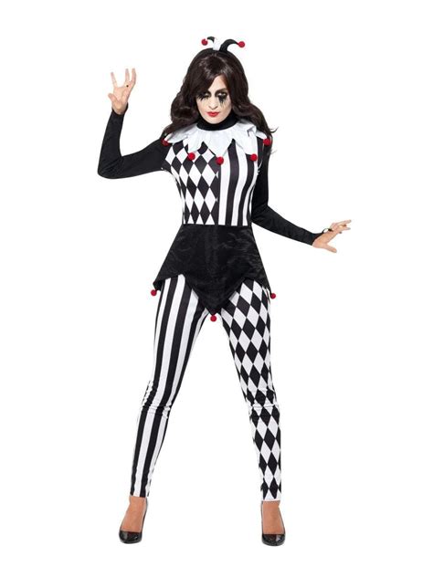 female jester halloween costume black and white