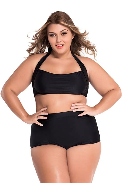 Black Solid Lacing Bandeau Halter High Waist Plus Size Summer Swimwear
