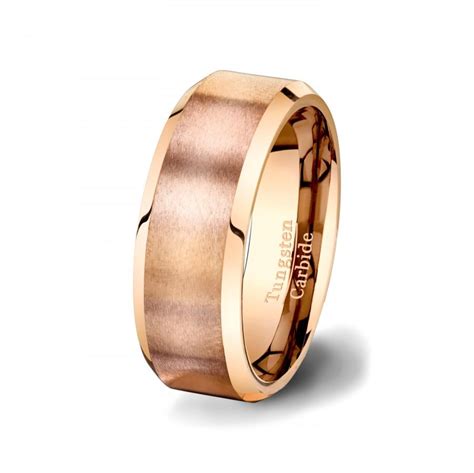 Mens Wedding Band Rose Gold Tungsten Ring With Brushed Satin Surface Beveled Edges High Quality Tungsten Carbide 8mm Comfort Fit 