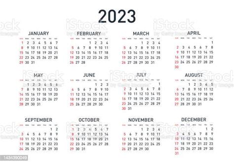 Vector Calendar 2023 Year Week Starts From Sunday Stock Illustration