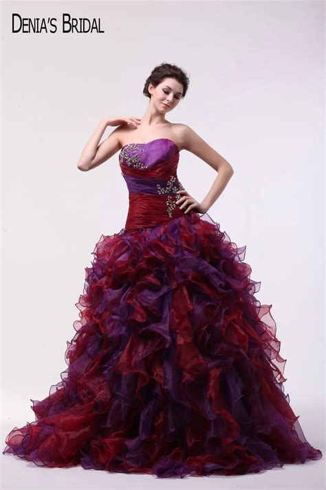 Real Photos Strapless Neckline Ball Gown Purple Red Evening Dresses