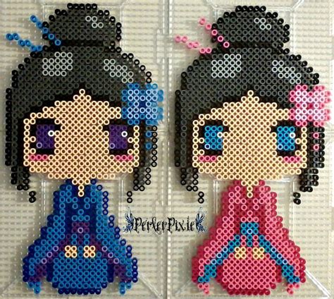 Cute anime perler bead patterns. Blue and Pink Kimono Girls perler beads by PerlerPixie ...