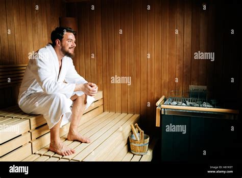 Healthy Male In Sauna Relaxing And Enjoying Wellness Weekend Stock
