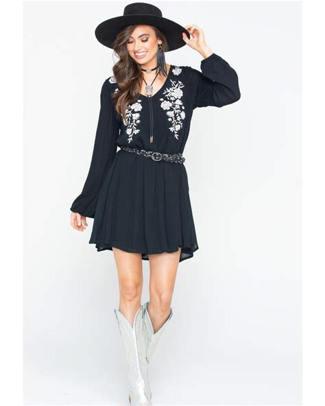 Rock And Roll Cowgirl Womens Black Floral Embroidered Dress Black Cowgirl Dresses Floral