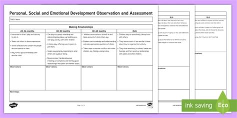 Eyfs Social And Emotional Development Observation Assessment Sheet