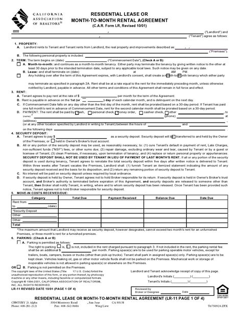 Residential Lease Or Month To Month Rental Agreement C A R Form