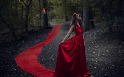 Here are only the best red 4k wallpapers. Red dress girl in the forest, bird, dusk wallpaper | girls | Wallpaper Better