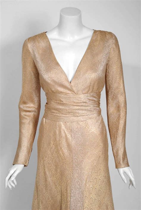 Vintage 1977 Givenchy Haute Couture Metallic Gold Silk Long Sleeve Plunge Gown For Sale At 1stdibs