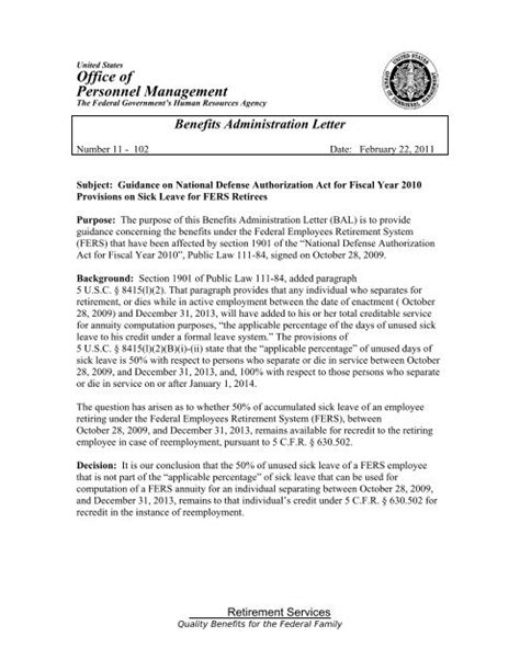 Benefits Administration Letter Office Of Personnel Management