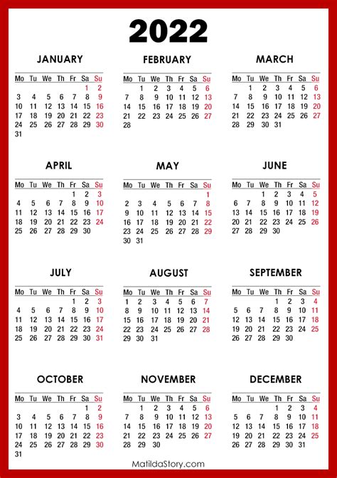 2022 Calendar Printable Free Red Monday Start