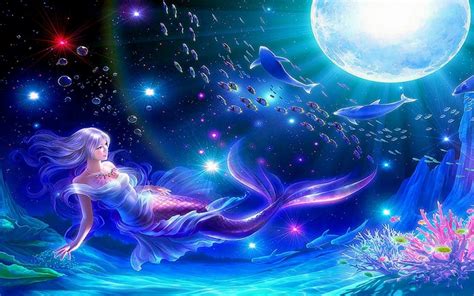 Moon Fantasy Art Mermaids Dolphins Underwater 1280x800