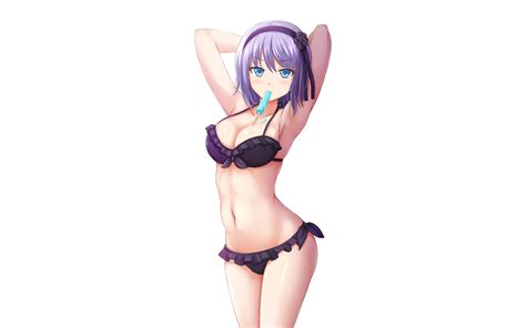 Boobs Belly Slim Body Purple Hair Blue Hair Standing Arms Up