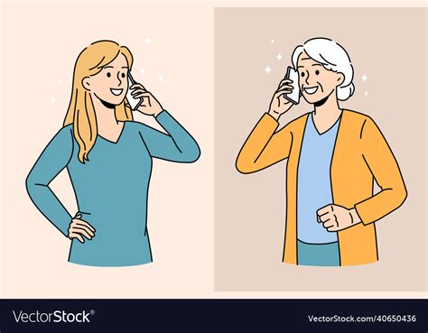 Happy Girl Talk On Cellphone With Mature Grandma Vector Image
