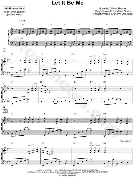 Mimipianoclass Let It Be Me Sheet Music Piano Solo In Bb Major