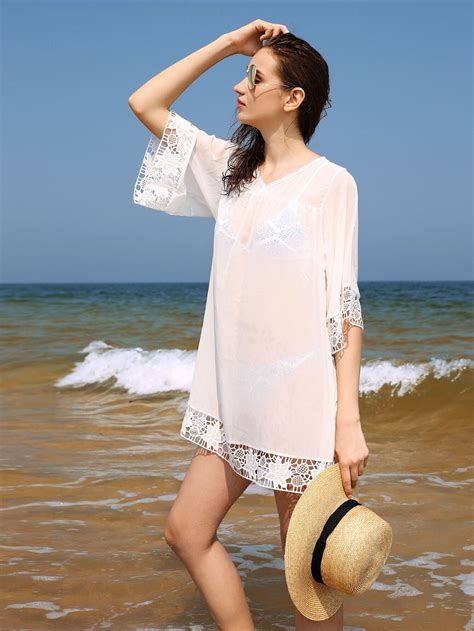 Crochet Trim Sheer Beach Cover Up Dress Shein Sheinside