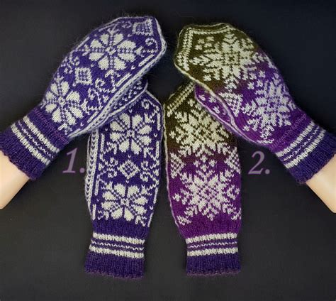 Purple White Green Knitted Nordic Mittens From Wool And Mohair