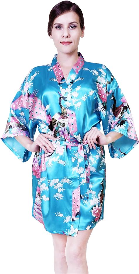 Amazon Com Deluoke Short Style Woman Peacock Printed Kimono Robe Wedding Satin Silk Kimono Robe