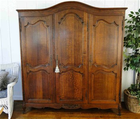 Antique French Country Wardrobe Tiger Oak Armoire 3 door shelves ...