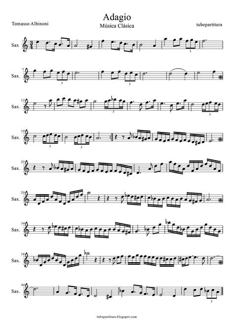 Tubepartitura Partitura Para Saxofón Alto Del Adagio De Albinoni En La