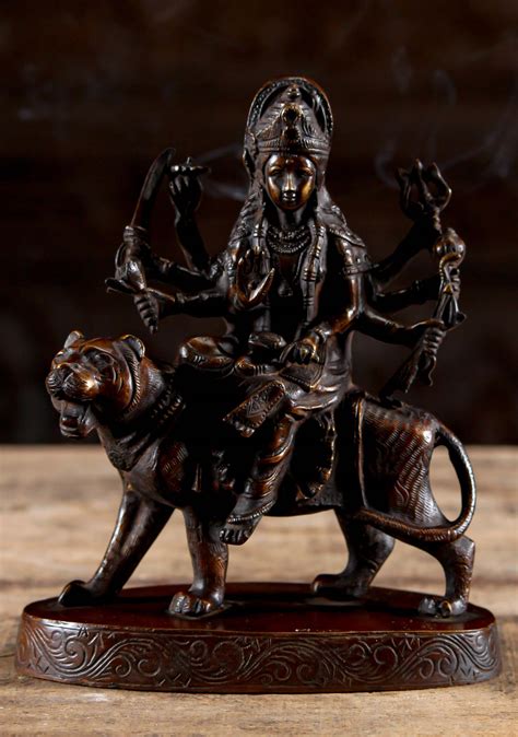 Small Brass Hindu Goddess Durga Statue Riding Her Vehicle Lion With 8