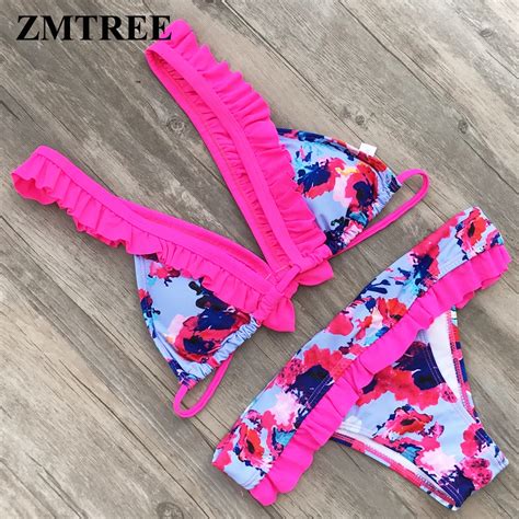 Zmtree Floral Printed Swimwear Women Bikini Set Bowknot Swimwear Beach Bathing Suit Ruffled Chic