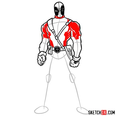 Draw a curved line downwards across the left shoulder. How to draw Deadpool in full growth - Sketchok easy ...