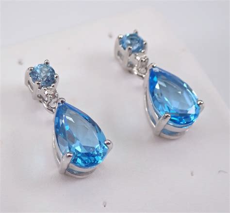 White Gold Blue Topaz And Diamond Dangle Teardrop Earrings Wedding