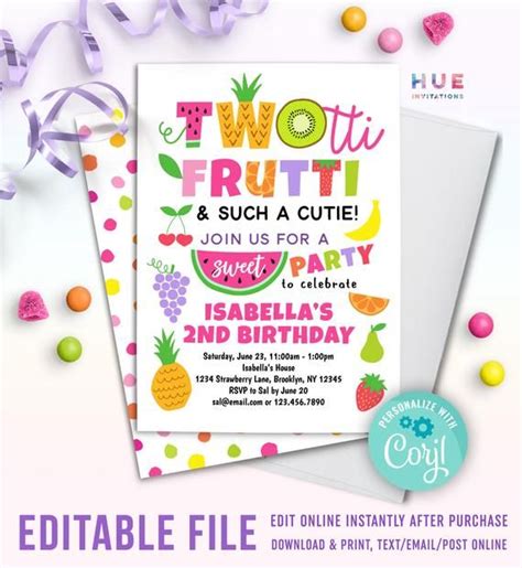 Twotti Frutti 2nd Birthday Invitation Instant Download Twotti Fruity