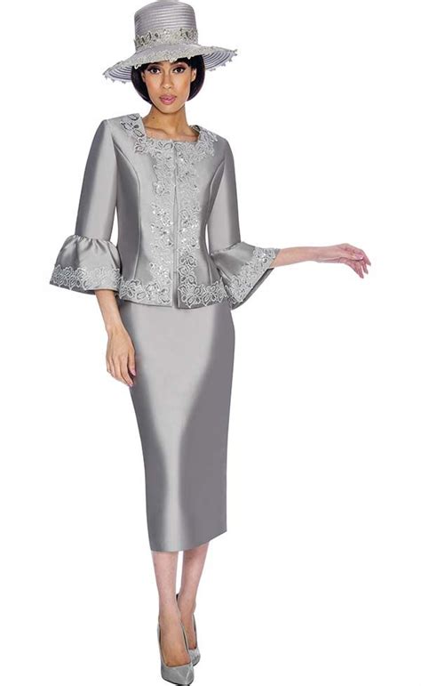 Gmi G7042 Silver Skirt Suit With Intricate Detailed Bell Sleeved