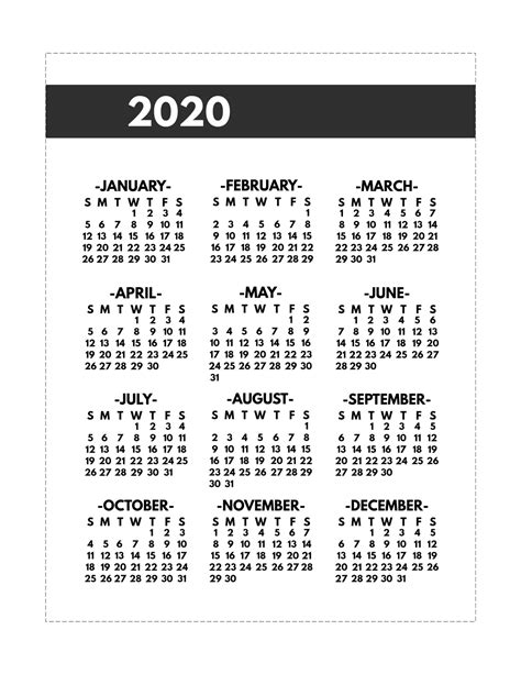 2020 Printable One Page Year At A Glance Calendar Paper Trail Design